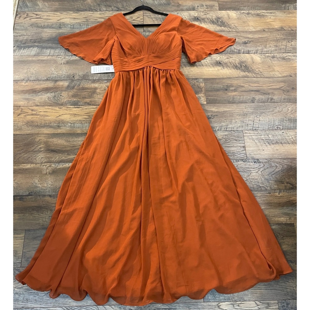 Lavetir Burnt Orange Chiffon V-Neck Flutter Sleeve Bridesmaid Maxi Dress Size 8